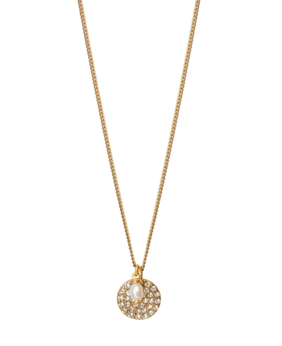Hultquist Crystal Encrusted Disk & Pearl Necklace Gold Plated