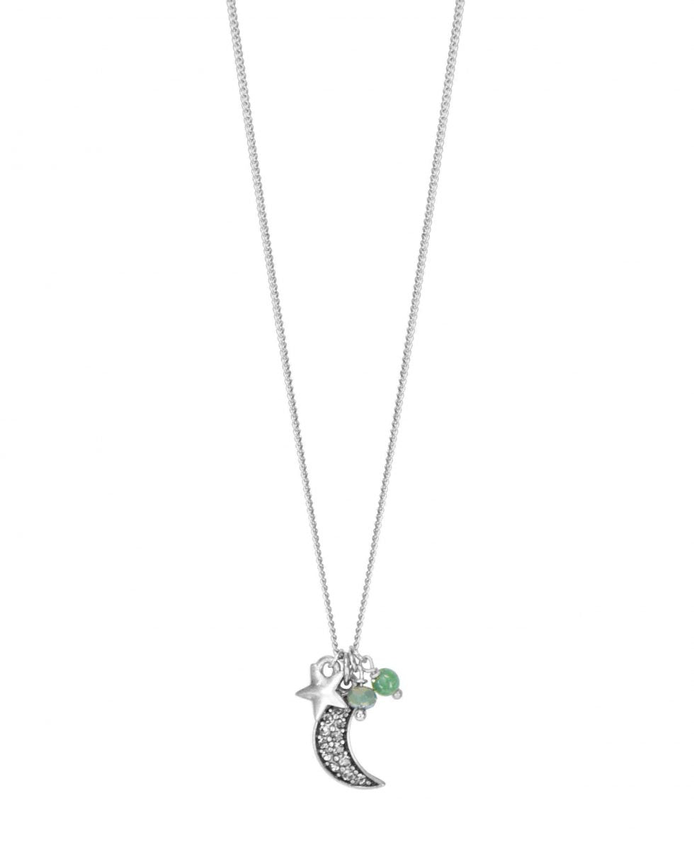 Hultquist Crystal Encrusted Moon & Star Necklace Silver Plated