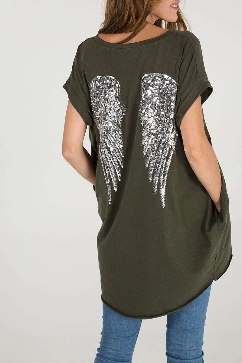 Made In Italy Sequin Angel Wing Green Longline Top